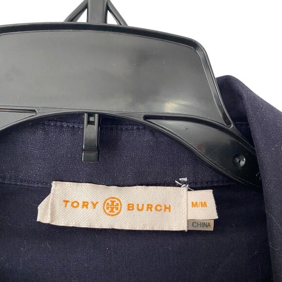 Tory Burch Linen Blend Navy Blue White Print Button Down Shirt size medium - Picture 2 of 8